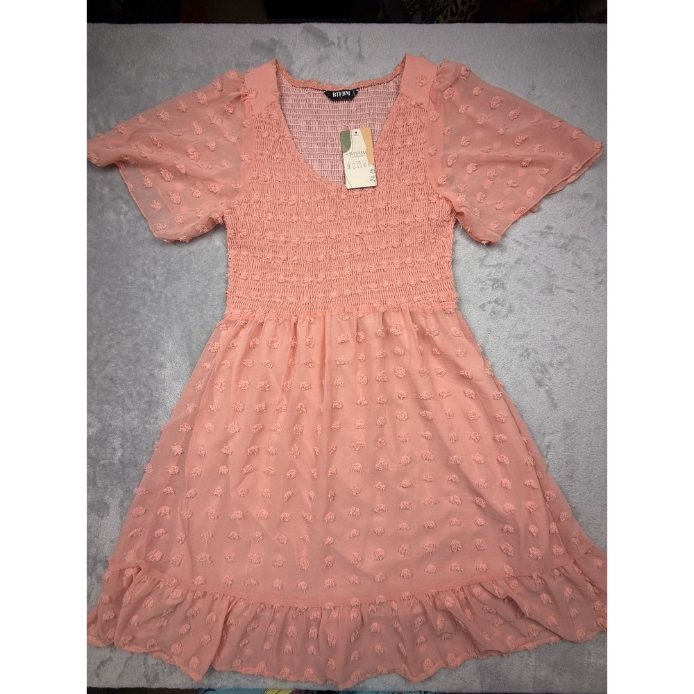 BTFBM Women's L Pink Smocked V-Neck Puff Sleeve Ruffle Fit & Flare Dress